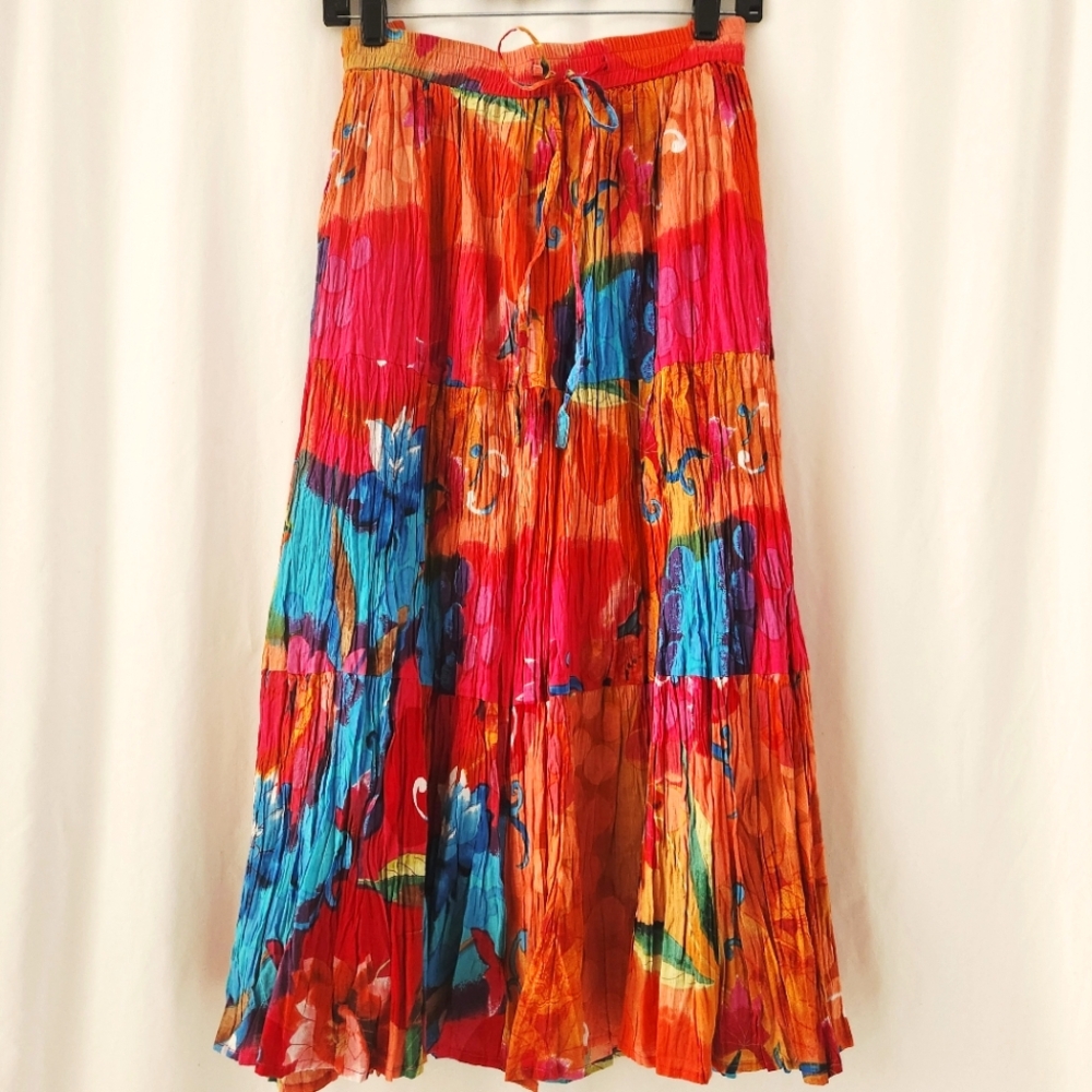 Tiered Midi Broomstick Skirt Abstract Floral 90s Size PXL India Cotton Lined